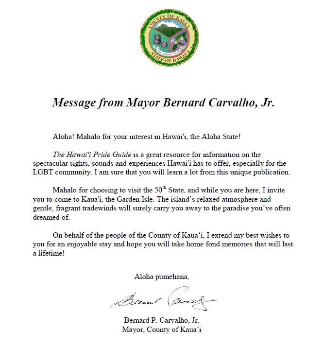 Letter from Kauai Mayor Welcoming Hawaii Pride Guide